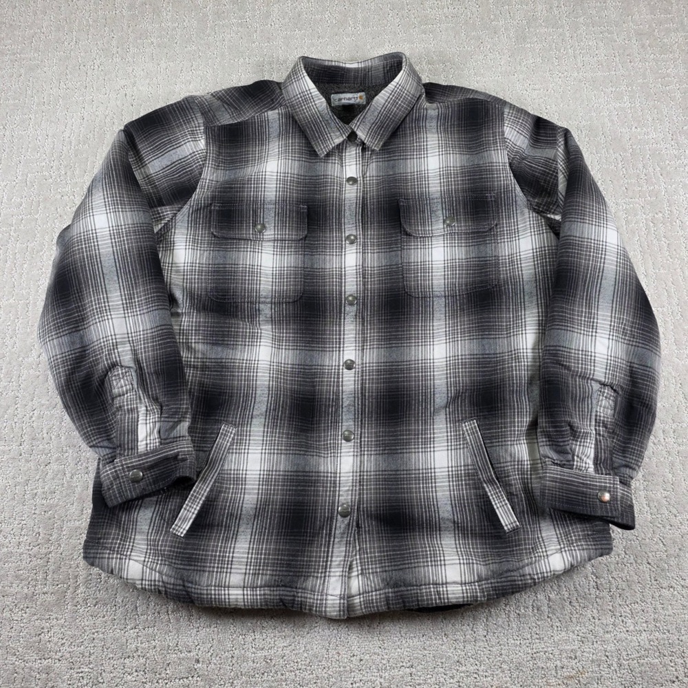 Carhartt Womens XXL Black Brown White Plaid Sherpa Lined Chore Jacket Shacket